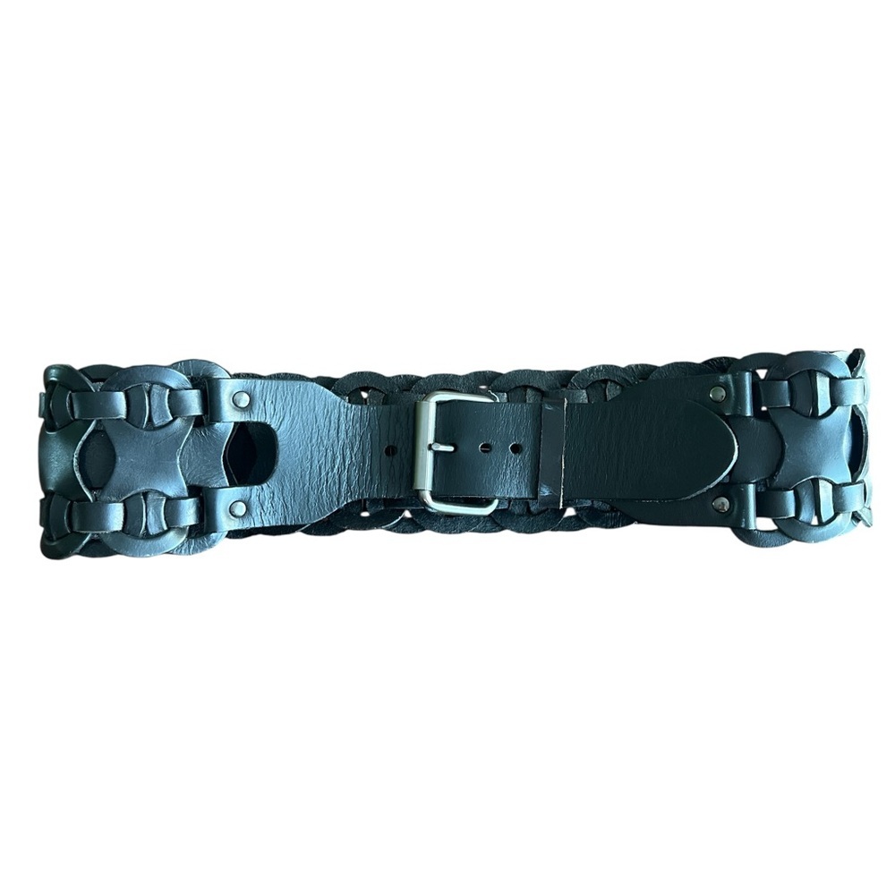 Black genuine leather 3 inch thick weaved belt